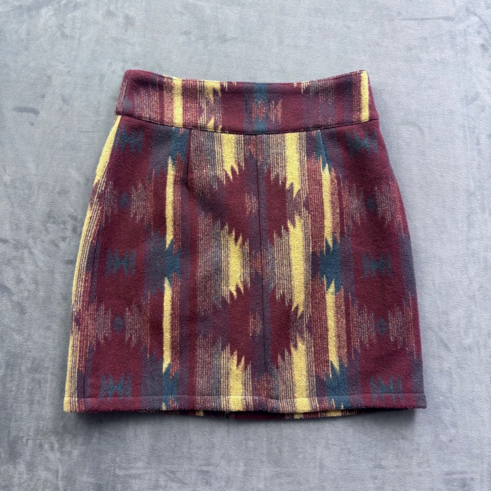 Kenny Southwest Aztec Wool Blend Mini Skirt Burgundy Gold Size M Made in USA